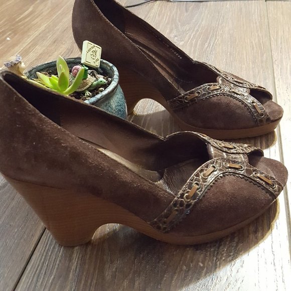Cole Haan Brown Leather Suede Peep Toe Wedge - Picture 3 of 8